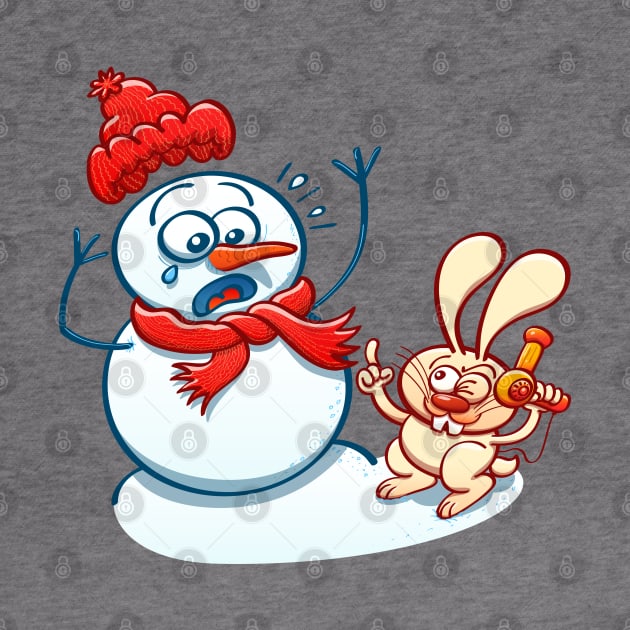 Naughty bunny stealing the carrot nose of a Christmas snowman with a hair dryer by zooco